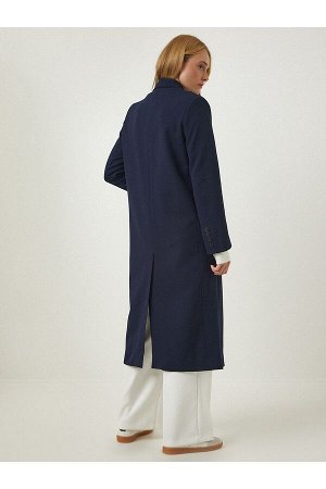 Женское длинное пальто темно-синего цвета с двубортным воротником и разрезом FN03111