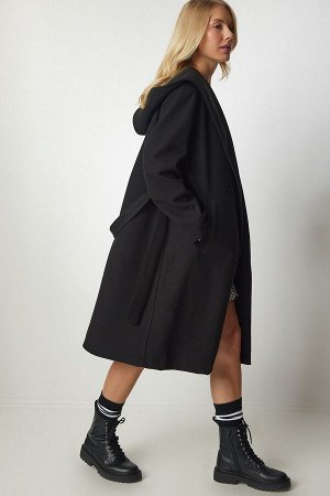 Женское черное пальто из кешью с капюшоном и поясом MX00111