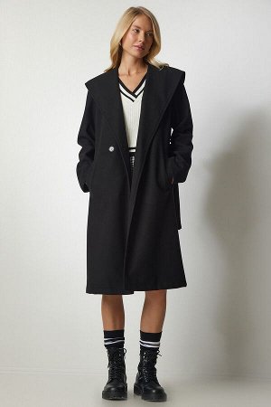 Женское черное пальто из кешью с капюшоном и поясом MX00111
