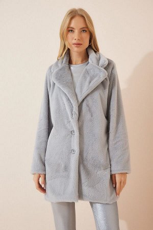 Женское пальто из искусственного меха каменно-серого цвета RV00072