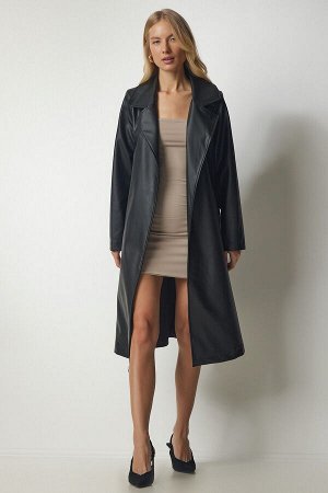 Женское черное пальто из искусственной кожи с поясом RV00145