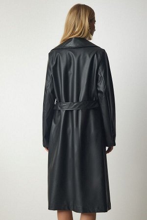 Женское черное пальто из искусственной кожи с поясом RV00145