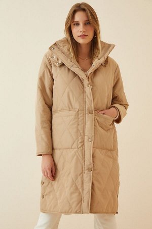 Женское кремовое стеганое пальто большого размера с карманом и капюшоном RV00014