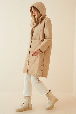Женское кремовое стеганое пальто большого размера с карманом и капюшоном RV00014