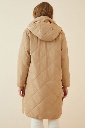 Женское кремовое стеганое пальто большого размера с карманами и капюшоном RV00014