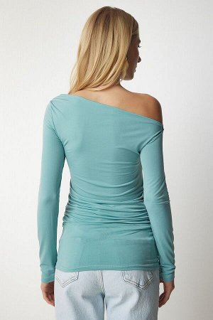 Женская блузка цвета морской волны со струящимся воротником и сборками TO00073