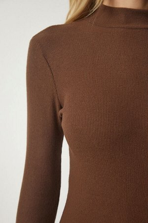 Женское коричневое вязаное платье с воротником-шалью Saran в рубчик HJ00004