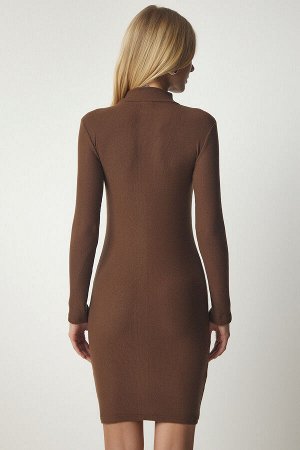 Женское коричневое вязаное платье с воротником-шалью Saran в рубчик HJ00004