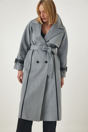 Женское серое шерстяное длинное кашемировое пальто премиум-класса с кожаной окантовкой и поясом fn03096