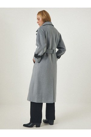 Женское серое шерстяное длинное кашемировое пальто премиум-класса с кожаной окантовкой и поясом fn03096