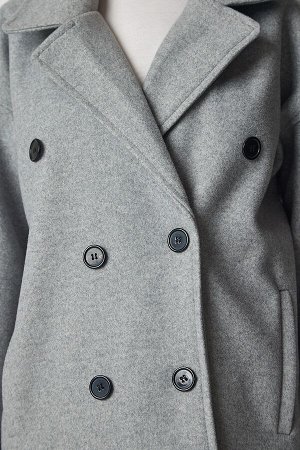 Женское серое пальто оверсайз с двубортным воротником mx00138