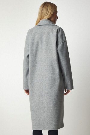 Женское серое пальто оверсайз с двубортным воротником mx00138