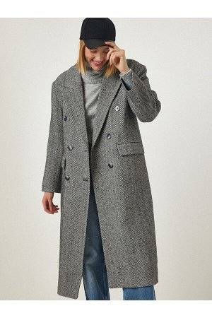 Женское серое длинное кашемировое пальто премиум-класса из шерсти с узором «елочка» fn03103