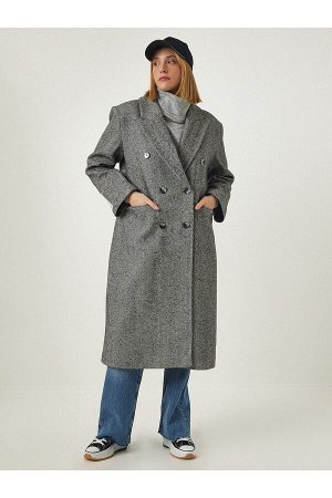happinessistanbul Женское серое длинное кашемировое пальто премиум-класса из шерсти с узором «елочка» fn03103