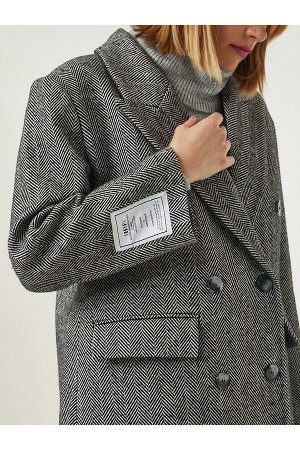 happinessistanbul Женское серое длинное кашемировое пальто премиум-класса из шерсти с узором «елочка» fn03103