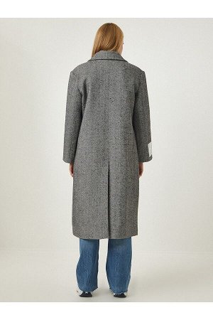 Женское серое длинное кашемировое пальто премиум-класса из шерсти с узором «елочка» fn03103