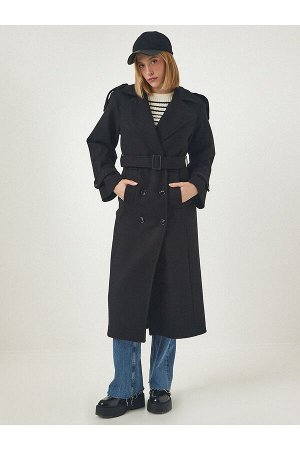 happinessistanbul Женское черное шерстяное длинное кашемировое пальто премиум-класса с эполетами и поясом fn03093