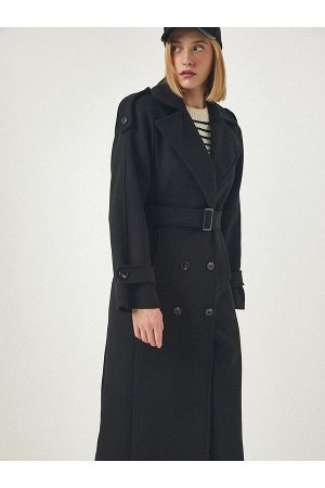 Женское черное шерстяное длинное кашемировое пальто премиум-класса с эполетами и поясом fn03093