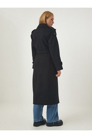 Женское черное шерстяное длинное кашемировое пальто премиум-класса с эполетами и поясом fn03093