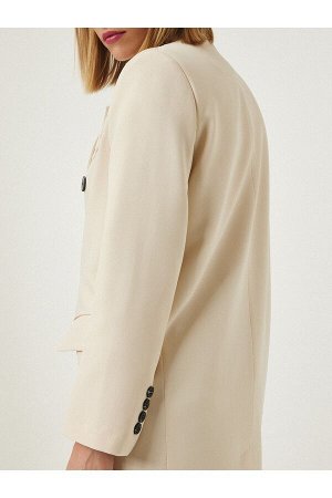 Женское кремовое длинное двубортное пальто с воротником и разрезом FN03111