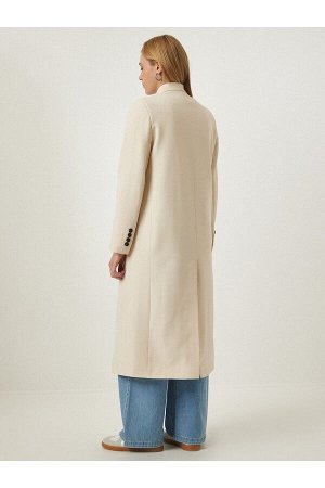 Женское кремовое длинное двубортное пальто с воротником и разрезом FN03111