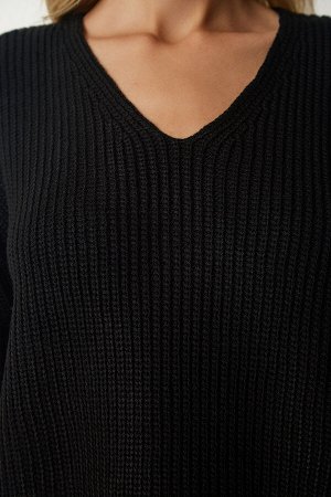Женский черный базовый трикотажный свитер оверсайз с v-образным вырезом MX00130