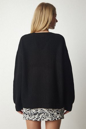 Женский черный базовый трикотажный свитер оверсайз с v-образным вырезом MX00130