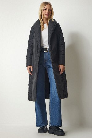 Женское черное стеганое пальто с шалевым воротником и поясом dz00089