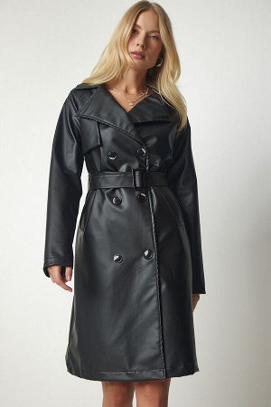 Женское черное двубортное пальто из искусственной кожи с воротником и поясом RV00147
