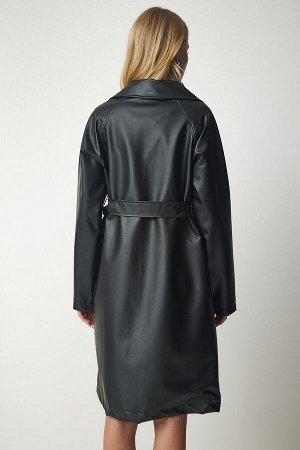 Женское черное двубортное пальто из искусственной кожи с воротником и поясом RV00147