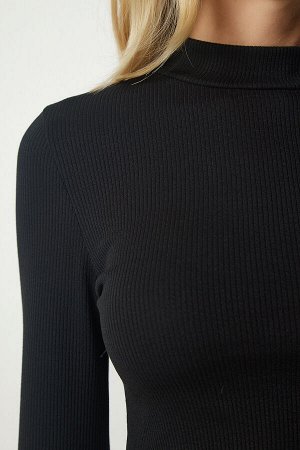 Женская бордовая черная укороченная блузка в рубчик с высоким воротником, 2 пары ub00175