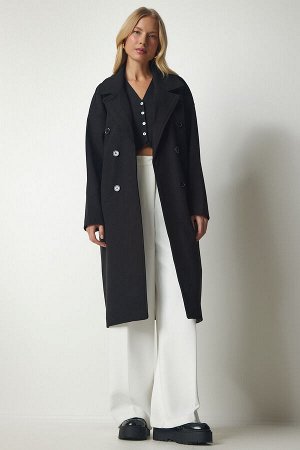 Женское черное пальто оверсайз с двубортным воротником mx00138