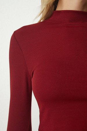 Женская бордово-красная укороченная блузка на шнуровке с высоким воротником ub00165