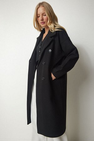 Женское черное пальто оверсайз с двубортным воротником mx00138