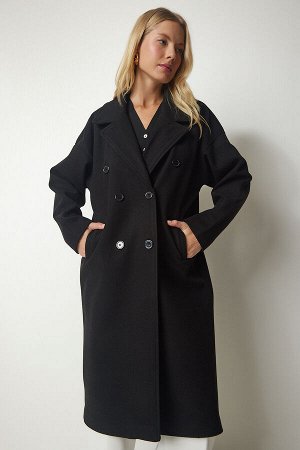 Женское черное двубортное пальто оверсайз с воротником mx00138