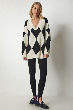Женский кремовый черный ромбовидный свитер большого размера YY00171