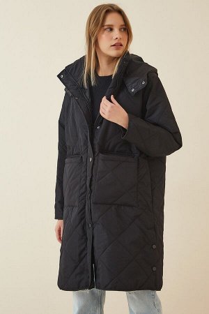 Женское черное стеганое пальто большого размера с карманом и капюшоном RV00014