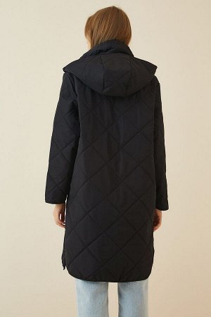 Женское черное стеганое пальто большого размера с карманом и капюшоном RV00014