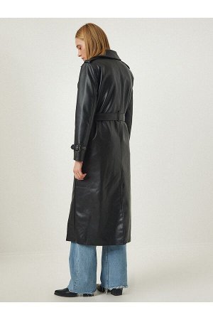 Женское черное длинное пальто премиум-класса из искусственной кожи на молнии с поясом FN03104