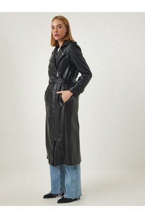 Женское черное длинное пальто премиум-класса из искусственной кожи на молнии с поясом FN03104