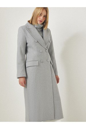 Женское серое шерстяное пальто премиум-класса с длинными манжетами и пуговицами с прорезями FN03091