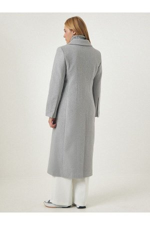 Женское серое шерстяное пальто премиум-класса с длинными манжетами и пуговицами с прорезями FN03091