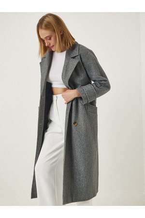 Женское шерстяное длинное пальто антрацитового премиум-класса с двубортным воротником и поясом fn03092