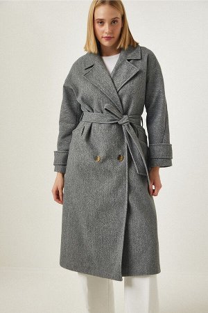 Женское шерстяное длинное пальто антрацитового премиум-класса с двубортным воротником и поясом fn03092