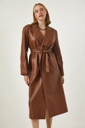 Женское коричневое длинное пальто премиум-класса из искусственной кожи с поясом FN03105