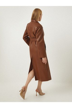 Женское коричневое длинное пальто премиум-класса из искусственной кожи с поясом FN03105