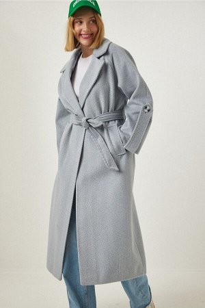 Женское серое шерстяное пальто премиум-класса с поясом и узором «елочка» FN03090