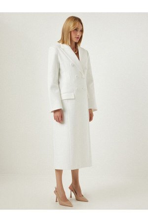 Женское длинное шерстяное пальто цвета экрю премиум-класса с покрытием на пуговицах и разрезами FN03091
