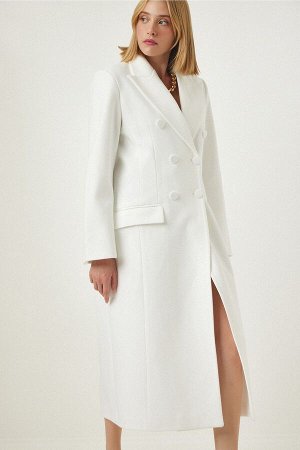 Женское длинное шерстяное пальто цвета экрю премиум-класса с покрытием на пуговицах и разрезами FN03091