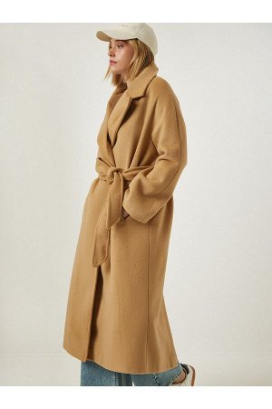 Женское длинное кашемировое пальто цвета верблюжьей шерсти премиум-класса с поясом и разрезом fn03094